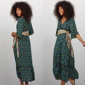 Silk & Salt Journey Maxi Wrap Dress African Peacock with Printed Tie Belt